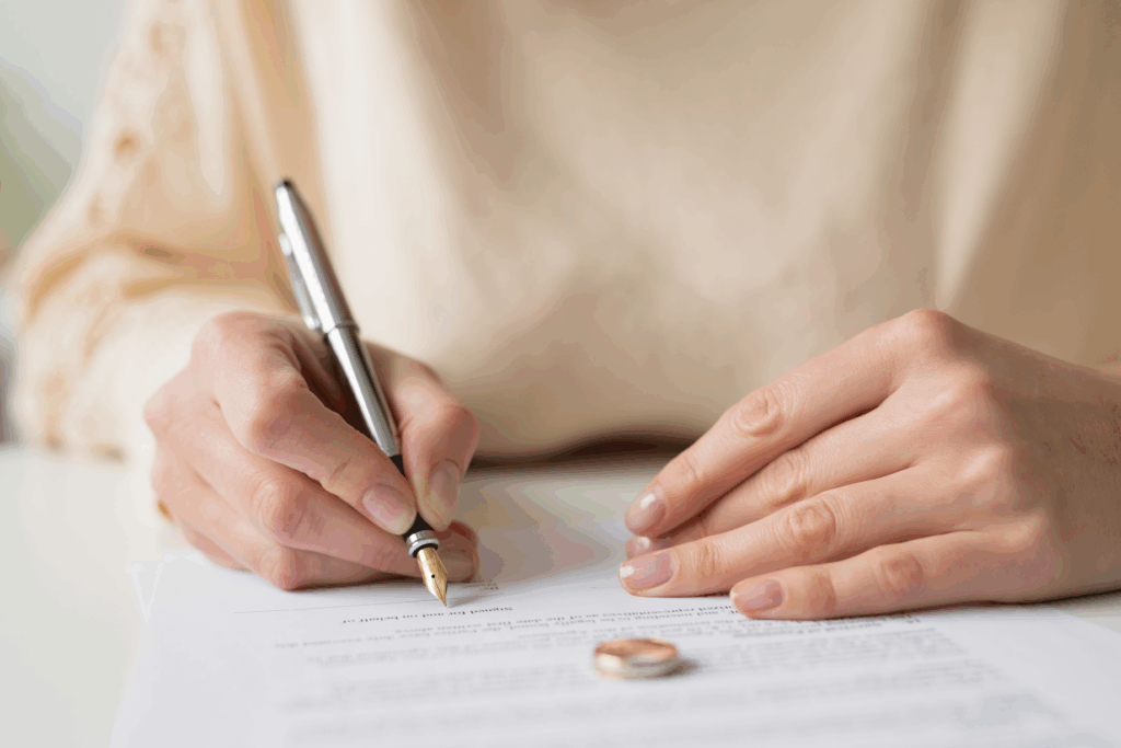 Hands holding a pen and signing legal paperwork, with a wedding ring resting on the paper.