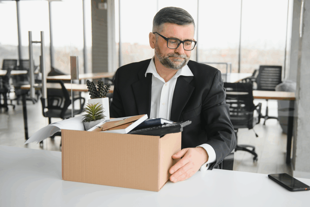 A man with glasses looking down sadly at a box of office items, suggesting he has been laid off or is leaving his job.