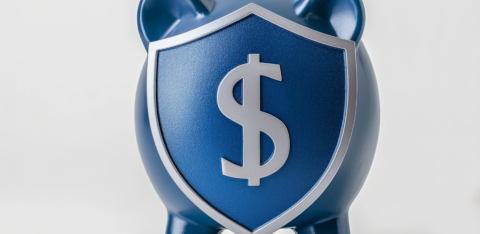 Blue piggy bank with a shield and dollar sign symbol on the front