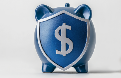 Blue piggy bank with a shield and dollar sign symbol on the front