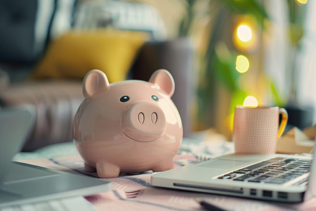 A pink piggy bank placed on a cozy table between a laptop and a coffee mug in a warmly lit home setting.