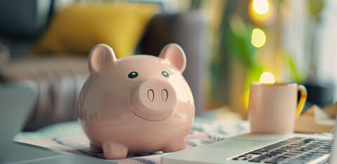A pink piggy bank placed on a cozy table between a laptop and a coffee mug in a warmly lit home setting.