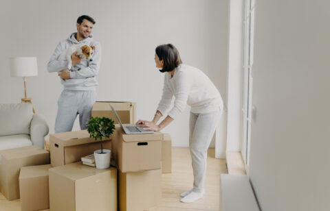 Busy woman tries to find information in laptop computer, buys furniture online, man stands with dog on hands, smiles and talks to wife, surrounded with pile of cardboard boxes have to unpack property