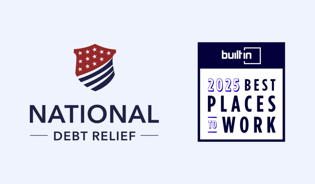 National Debt Relief logo next to Built In 2025 Best Places To Work award badge