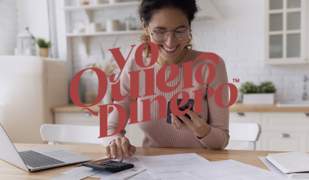 Cover art for the Yo Quiero Dinero podcast. A woman using a calculator while seated in front of a laptop, focused on financial tasks.