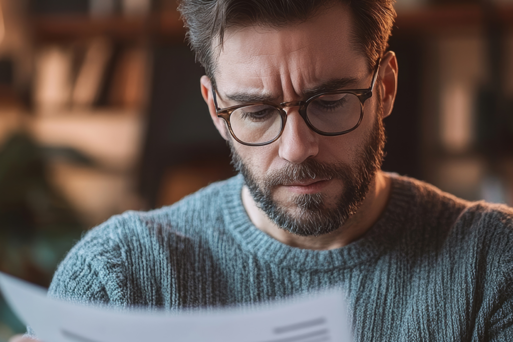 A concerned man wearing glasses and a sweater reading a document with a serious expression.