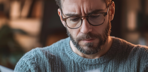 A concerned man wearing glasses and a sweater reading a document with a serious expression.