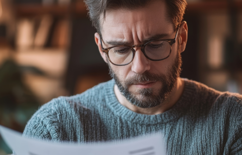 A concerned man wearing glasses and a sweater reading a document with a serious expression.