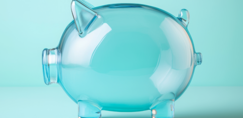 Transparent blue piggy bank on a light blue background