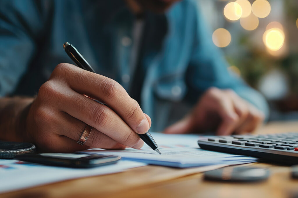 Close-up of a person’s hand writing on financial documents with a pen, with a calculator and phone on the desk.