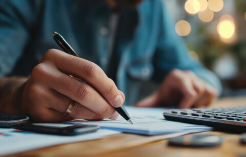 Close-up of a personβs hand writing on financial documents with a pen, with a calculator and phone on the desk.