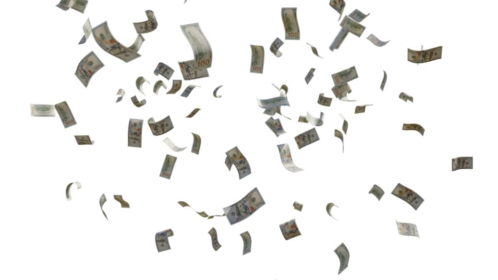 Hundred-dollar bills falling through the air on a white background.
