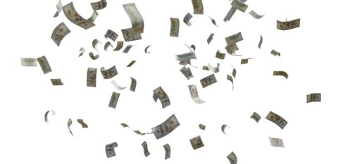 Hundred-dollar bills falling through the air on a white background.