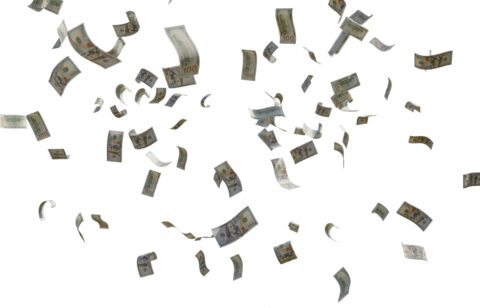 Hundred-dollar bills falling through the air on a white background.