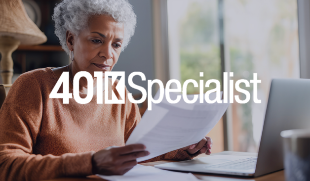 Senior woman reading papers while working on a laptop, overlaid with 401k Specialist logo.