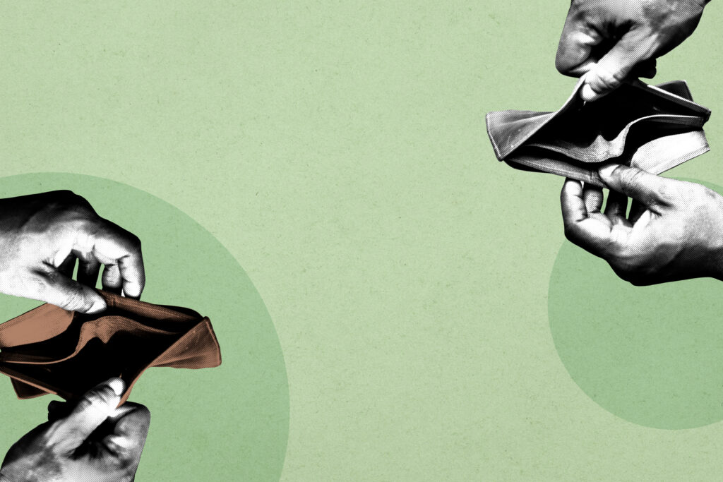 Two pairs of hands holding empty wallets against a green background