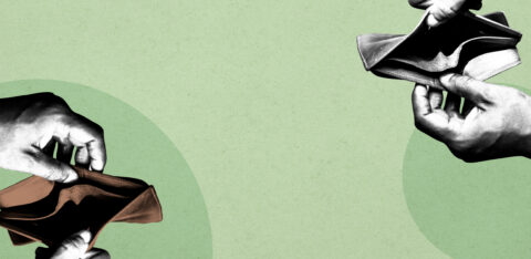 Two pairs of hands holding empty wallets against a green background