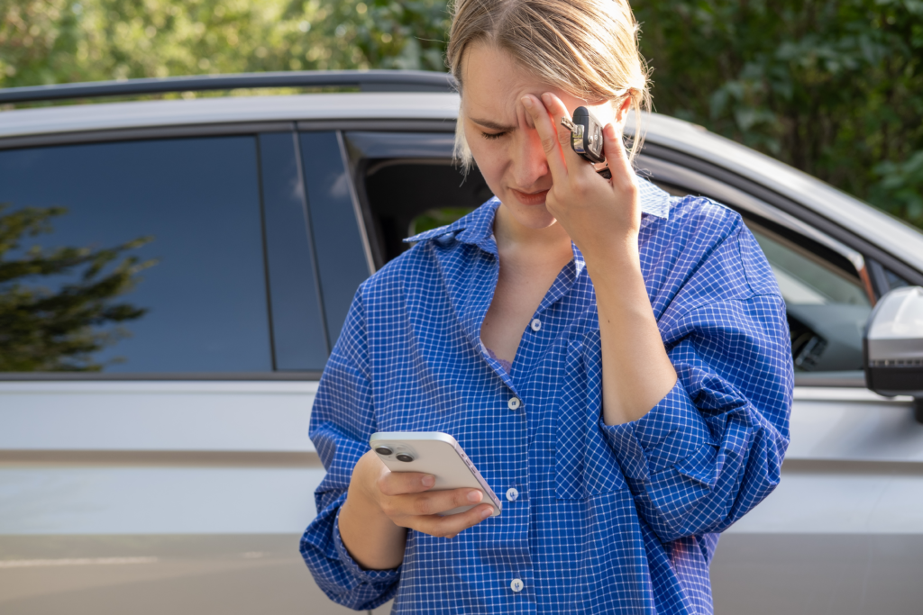 A woman standing next to a car looks stressed while holding her forehead, car keys, and a smartphone.