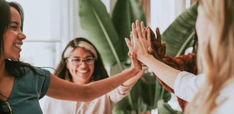 A group of smiling women standing in a circle, giving a group high-five in a bright indoor space with plants in the background.
