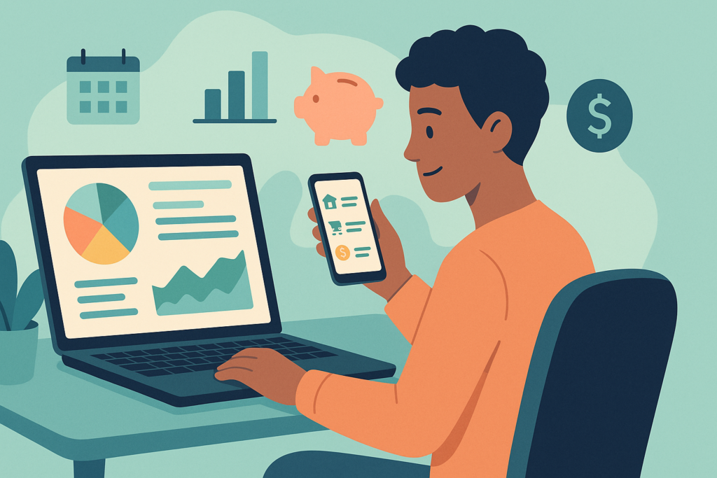 Illustration of a person using a laptop and smartphone to manage finances, with charts, graphs, and money icons in the background.