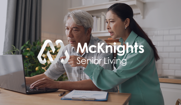Older couple reviewing information on a laptop in a kitchen setting, with McKnights Senior Living logo overlayed.