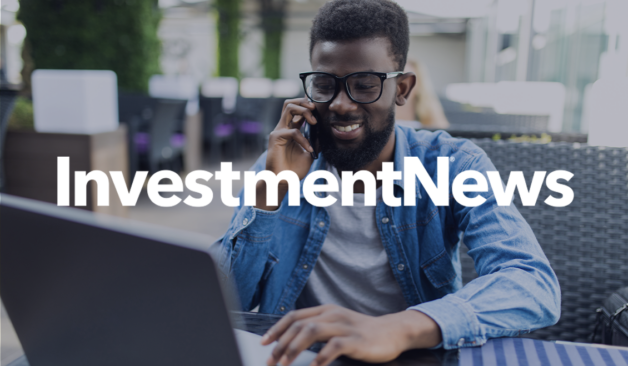 Man smiling while talking on the phone and working on a laptop at an outdoor café, with the text “InvestmentNews” overlaid.