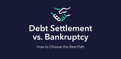 Illustration of a handshake above the text “Debt Settlement vs. Bankruptcy: How to Choose the Best Path” on a dark background.