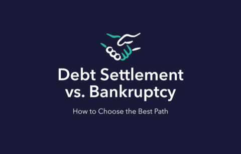Illustration of a handshake above the text “Debt Settlement vs. Bankruptcy: How to Choose the Best Path” on a dark background.