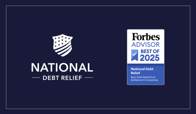 National Debt Relief logo next to a badge that reads “Forbes Advisor Best of 2025: Best Debt Relief Companies.”