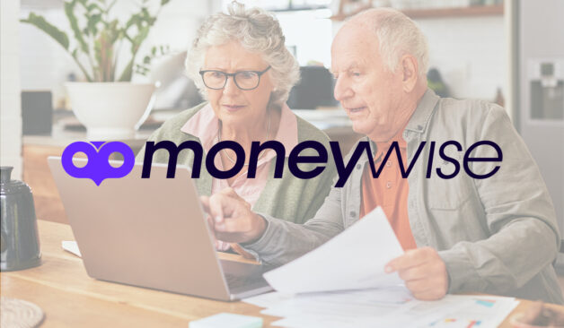 Couple working on finances at home, sitting at a kitchen table with the "moneywise" logo in the foreground.