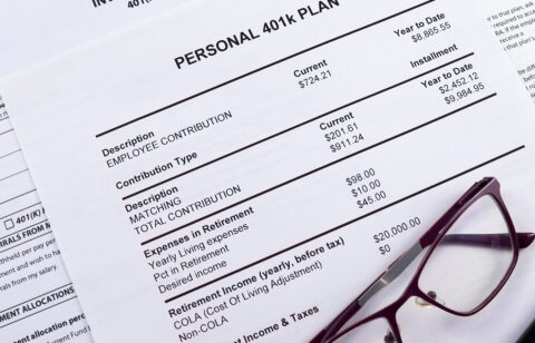 Close-up of a personal 401k plan statement showing employee contributions, matching amounts, and retirement income details, with a pair of eyeglasses resting on the paper.