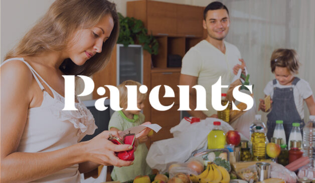 A mother checking a receipt while her family unpacks groceries in the kitchen, with the Parents logo overlayed on the image.