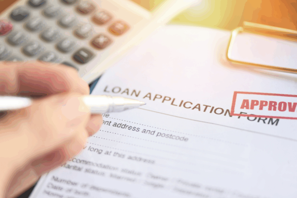 Close-up of a loan application form with an approved stamp and a hand holding a pen.