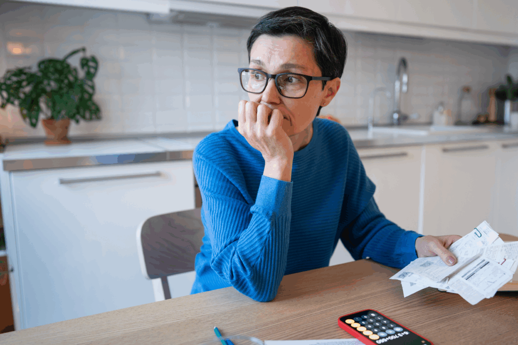 Person sitting at a kitchen table holding bills and looking off to the side with a thoughtful expression.