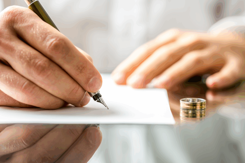A person signs a document at a desk with a wedding ring placed beside the paper.