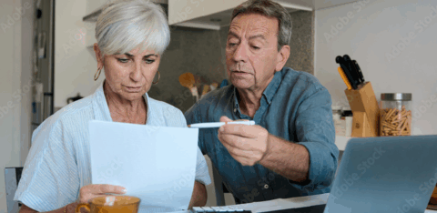 An older couple sits at a kitchen table reviewing a document together, with a laptop and calculator nearby.