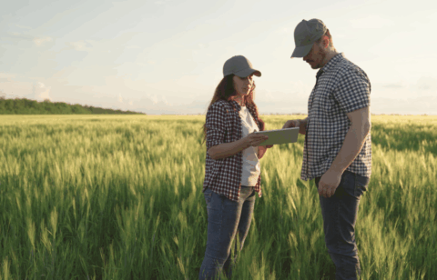 Two farmers stand in a green field reviewing information on a tablet during daylight.