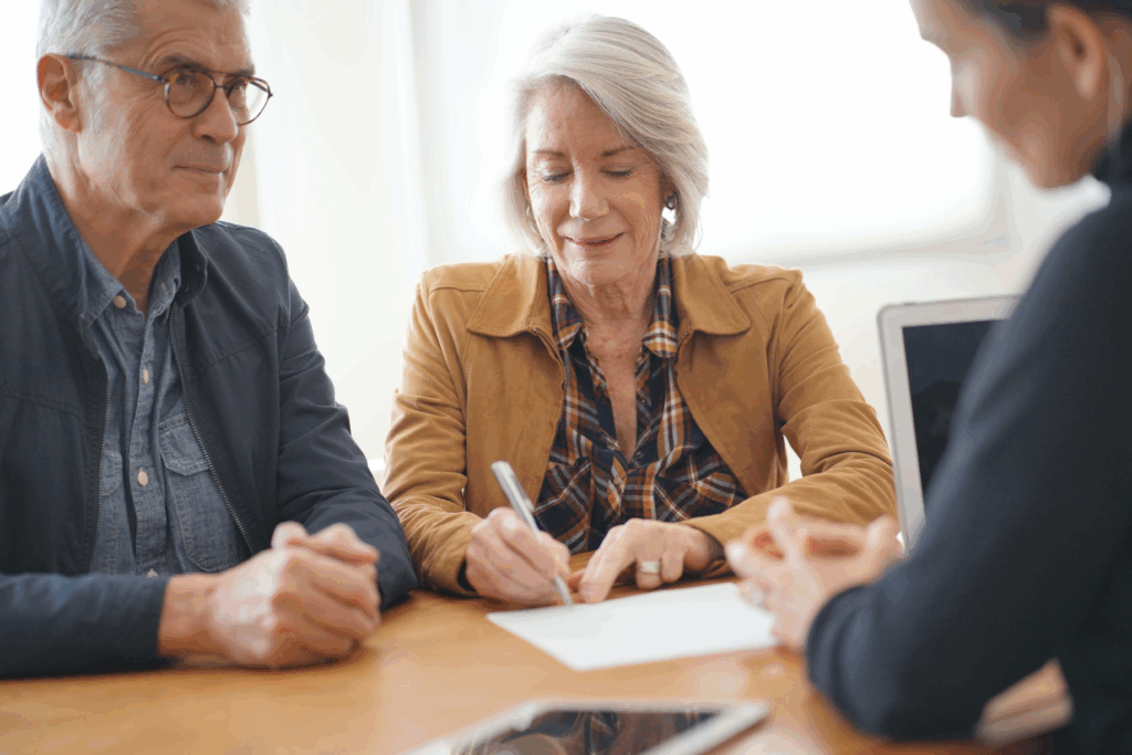 An older couple sits at a table with a professional, as one person signs a document while the others look on.