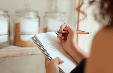 Person writing a grocery shopping list in a notebook with pantry jars in the background.