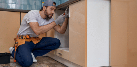 Man wearing work gloves and a tool belt repairing a kitchen cabinet with a screwdriver.