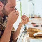Man inspecting a ring closely using a jeweler’s loupe in a jewelry workshop.