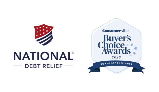 National Debt Relief logo displayed beside a ConsumerAffairs Buyer’s Choice Awards 2026 badge recognizing the company as a 4-time category winner.